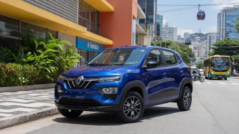 Novo Renault Kwid 2027 com design atualizado em cenário urbano brasileiro