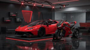 Lamborghini supercar and Ducati motorcycle displayed together in premium showroom setting representing Volkswagen Group's luxury brands