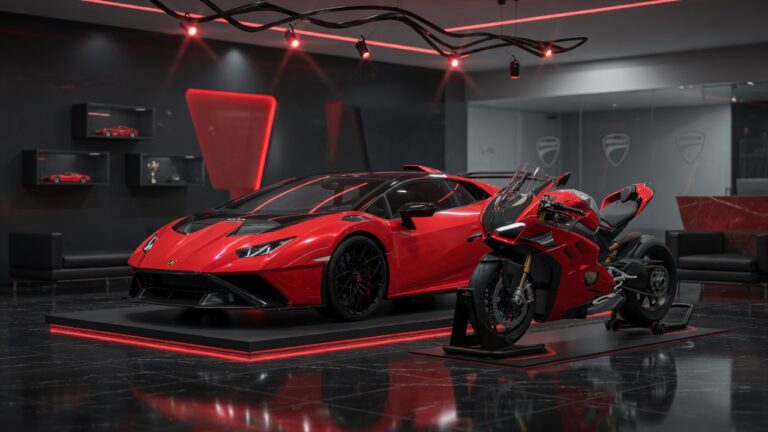 Lamborghini supercar and Ducati motorcycle displayed together in premium showroom setting representing Volkswagen Group's luxury brands