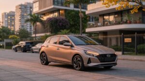 Hyundai i20 hatchback em ambiente urbano brasileiro moderno, fotografia automotiva profissional