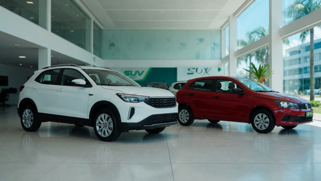 SUV compacto e hatchback lado a lado em concessionária moderna, representando a mudança no mercado automotivo brasileiro