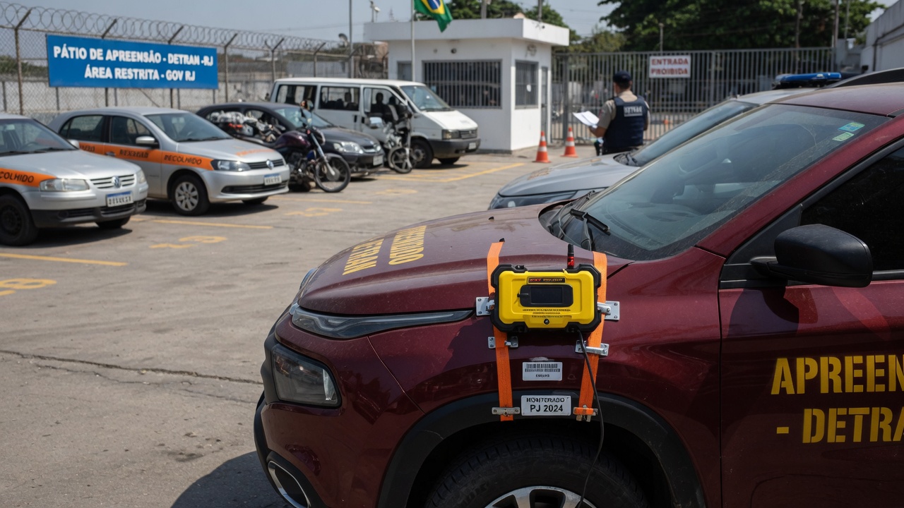Veículo apreendido em pátio oficial com dispositivo de rastreamento eletrônico instalado, representando o novo sistema de monitoramento e leilão virtual de automóveis