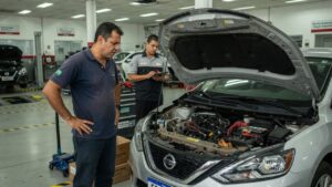 Proprietário preocupado em frente a Nissan Sentra com capô aberto em concessionária, evidenciando problema de falta de peças automotivas