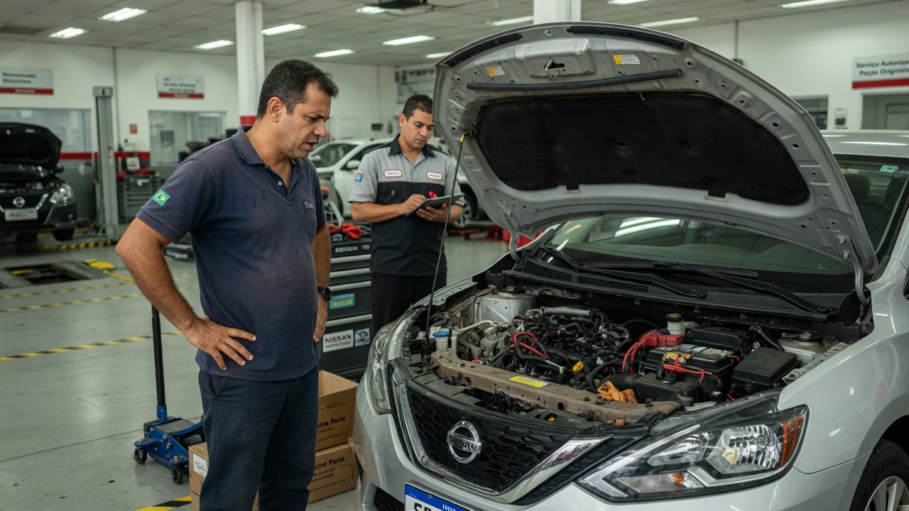 Proprietário preocupado em frente a Nissan Sentra com capô aberto em concessionária, evidenciando problema de falta de peças automotivas