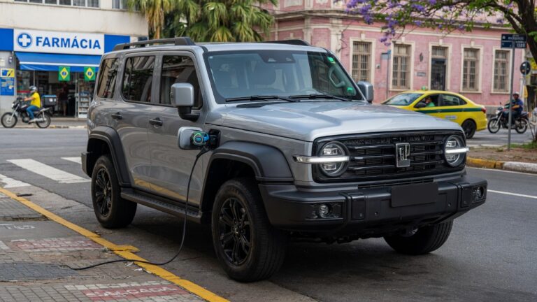GWM Tank 300 SUV híbrido plug-in estacionado em ambiente urbano brasileiro, vista frontal em três quartos destacando design moderno e porta de carregamento