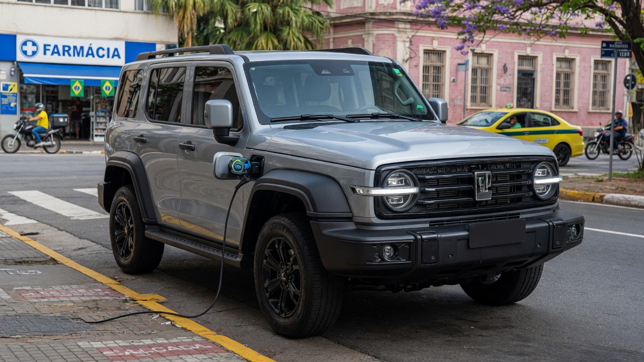 GWM Tank 300 SUV híbrido plug-in estacionado em ambiente urbano brasileiro, vista frontal em três quartos destacando design moderno e porta de carregamento