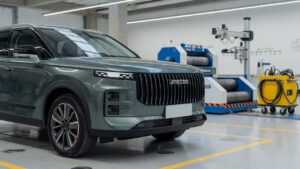 Jaecoo 7 SUV em instalação de testes automotivos no Brasil, ilustrando diferenças na medição de potência do motor