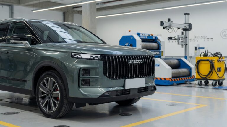 Jaecoo 7 SUV em instalação de testes automotivos no Brasil, ilustrando diferenças na medição de potência do motor