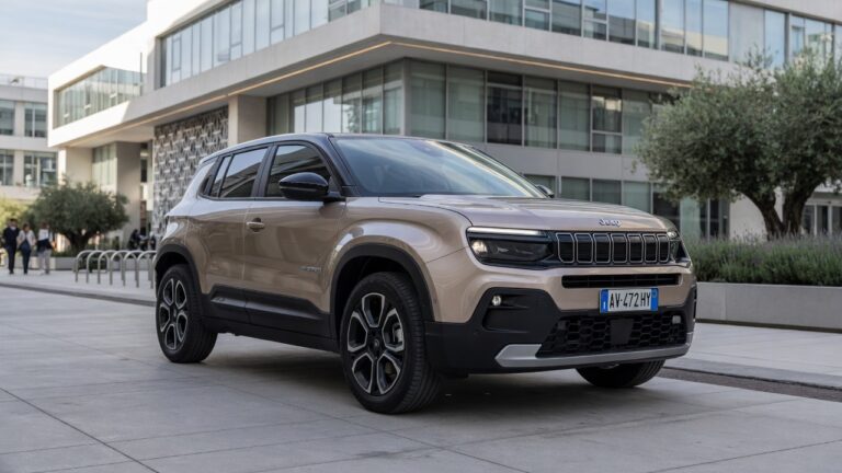 Jeep Avenger híbrido em ambiente urbano moderno, vista frontal em três quartos