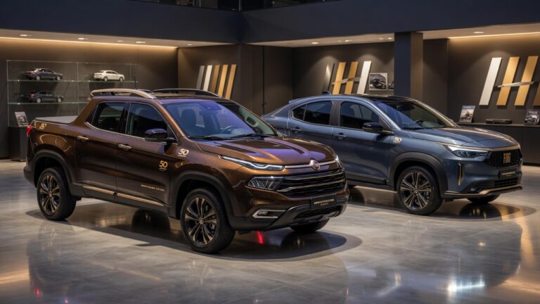 Fiat Toro pickup truck and Fastback SUV special 50th anniversary edition models displayed together in premium showroom setting