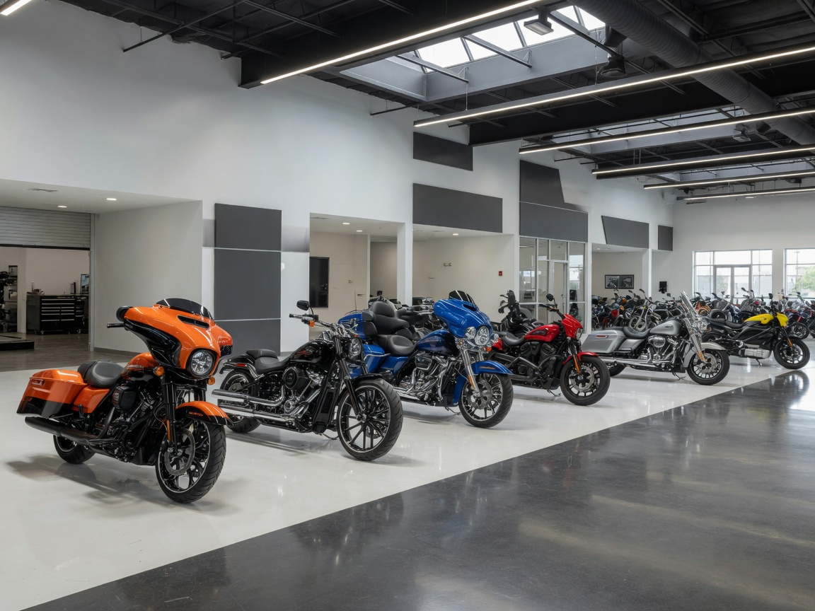 Concessionária Harley-Davidson com diversas motocicletas expostas em showroom moderno e iluminado