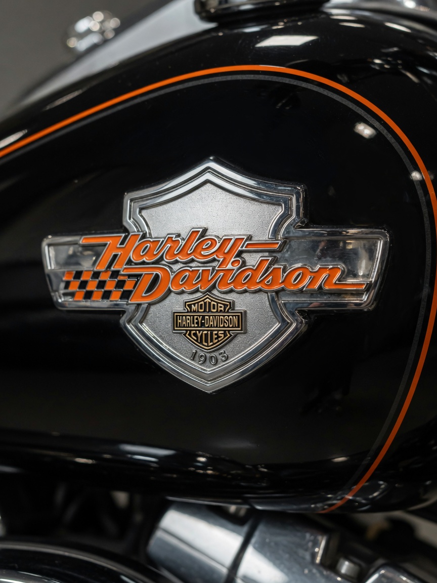 Emblema e logo da Harley-Davidson em detalhe no tanque de combustível com acabamento metálico