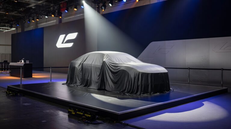 Palco vazio de apresentação automotiva com veículo coberto sob holofote, representando o cancelamento do lançamento do MG07
