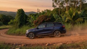 Renault Boreal 4x4 hybrid SUV being tested on Brazilian roads with tropical landscape in background