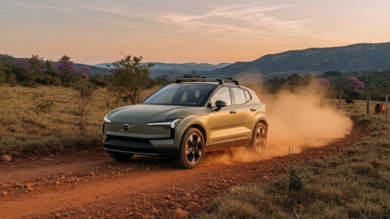 Volvo EX30 Cross Country em movimento por trilha off-road no Brasil, destacando seu design aventureiro e performance esportiva