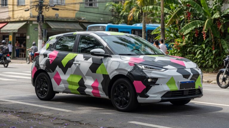 Geely EX2 2027 elétrico em testes nas ruas brasileiras com camuflagem de protótipo