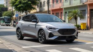 Fiat Argo hatchback em ângulo frontal três quartos exibindo design moderno e esportivo em ambiente urbano brasileiro