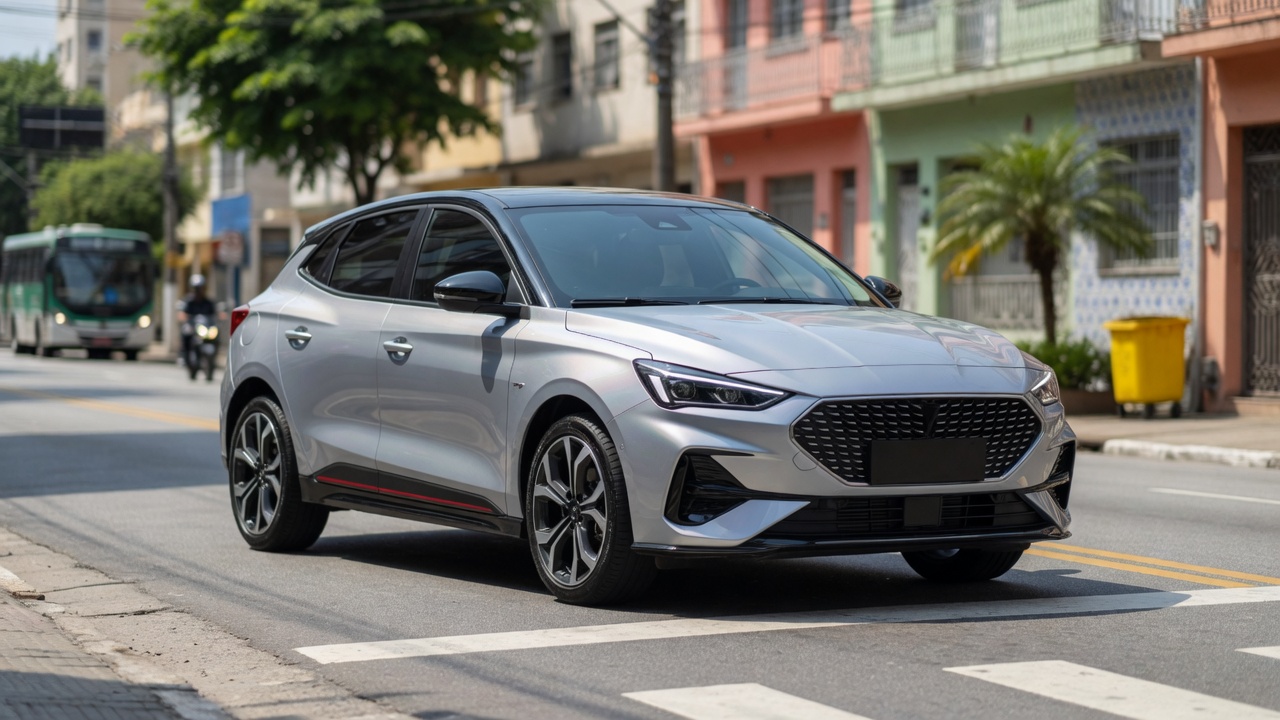 Fiat Argo hatchback em ângulo frontal três quartos exibindo design moderno e esportivo em ambiente urbano brasileiro