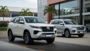 Toyota SW4 em destaque com GWM Haval H9 ao fundo representando a liderança no segmento de SUVs de chassi no mercado brasileiro