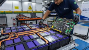 Técnico inspecionando bateria de carro elétrico em oficina automotiva moderna