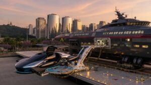 Carro voador futurista acoplado a uma nave-mãe em plataforma de pouso urbana com paisagem de cidade brasileira ao fundo