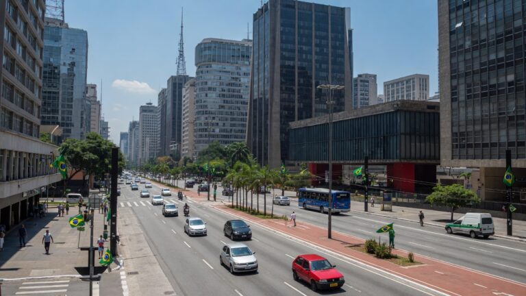 Avenida Paulista em São Paulo com trânsito leve durante feriado, carros circulando livremente nas pistas