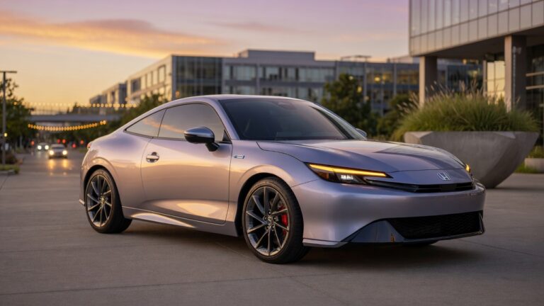 Honda Prelude moderno estacionado em ambiente urbano contemporâneo, destacando design esportivo e tecnologia híbrida
