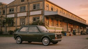 Fiat 147 clássico estacionado em frente a fábrica histórica da Fiat no Brasil durante pôr do sol