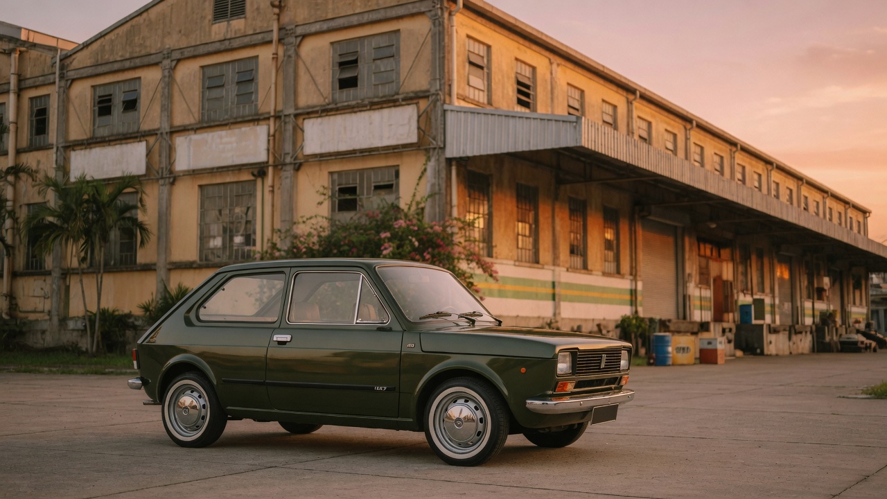 Fiat 147 clássico estacionado em frente a fábrica histórica da Fiat no Brasil durante pôr do sol