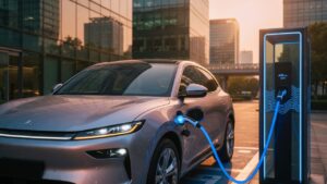 Denza Z luxury electric SUV at ultra-fast charging station with modern urban background