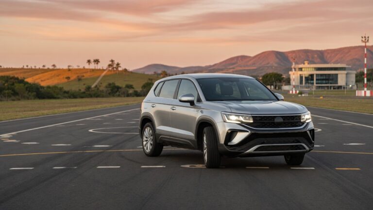 Volkswagen Taos SUV em pista de testes com iluminação profissional, destacando design moderno do veículo