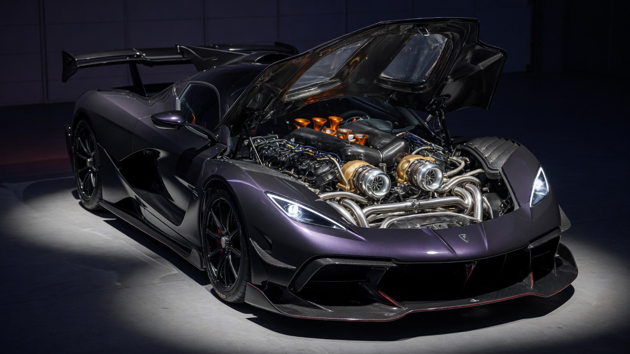 Zenvo Aurora hypercar showcasing its quad-turbo V12 engine with premium carbon fiber and metallic details in professional studio lighting