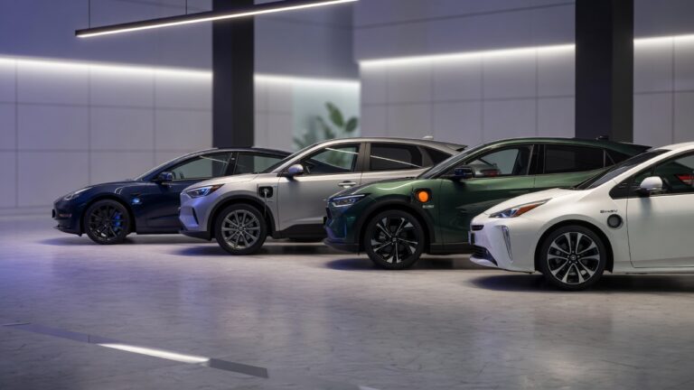 Quatro carros eletrificados modernos alinhados representando diferentes tecnologias HEV, PHEV, BEV e MHEV em showroom contemporâneo