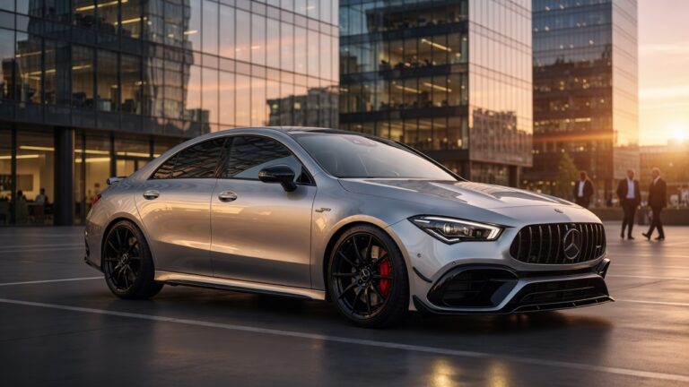 Mercedes-AMG CLA 45 elétrico prateado em ambiente urbano moderno com iluminação dramática