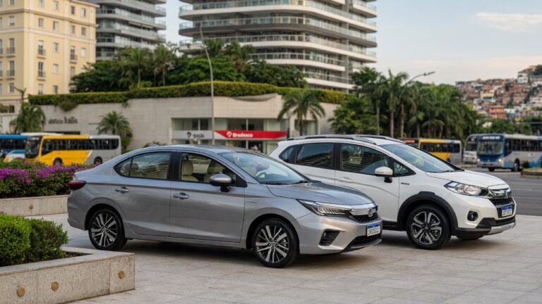 Honda City sedan e WR-V SUV lado a lado em cenário urbano brasileiro, representando os novos modelos com motor híbrido flex