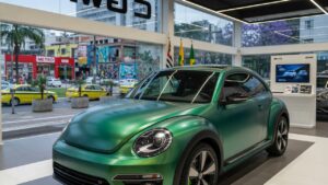 Carro elétrico compacto de design retrô da GWM em concessionária brasileira