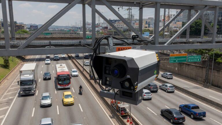 Radar de velocidade com inteligência artificial instalado em pórtico do Rodoanel em São Paulo monitorando tráfego de veículos