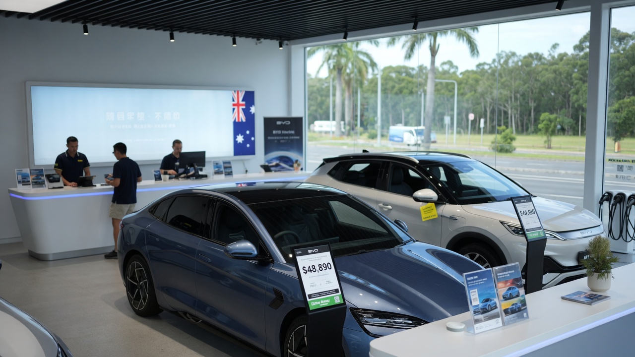BYD electric vehicles displayed in an Australian car dealership showroom