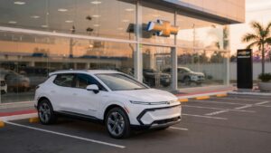 Chevrolet Equinox EV estacionado em frente a concessionária Chevrolet com vagas vazias, ilustrando esgotamento do modelo no mercado brasileiro