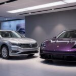 Volkswagen Jetta e Porsche Taycan lado a lado em concessionária moderna, representando modelos que podem sair de linha até 2030