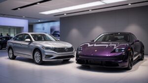 Volkswagen Jetta e Porsche Taycan lado a lado em concessionária moderna, representando modelos que podem sair de linha até 2030