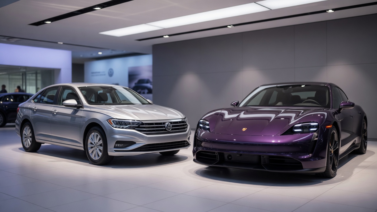 Volkswagen Jetta e Porsche Taycan lado a lado em concessionária moderna, representando modelos que podem sair de linha até 2030