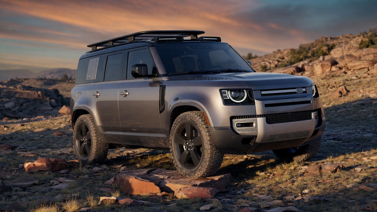 Land Rover Defender 2027 em cinza metálico fotografado em ângulo frontal três quartos sobre terreno acidentado