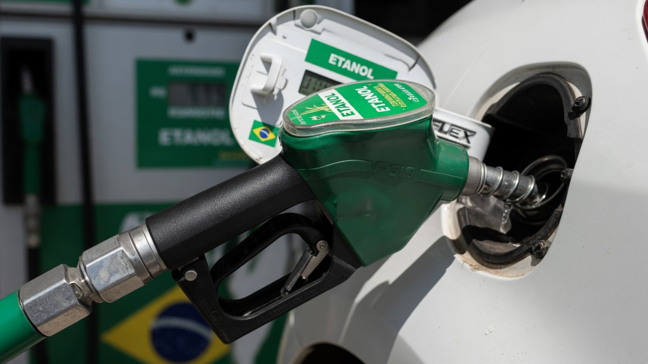 Bomba de combustível abastecendo veículo em posto de gasolina brasileiro, destacando etanol na composição da gasolina