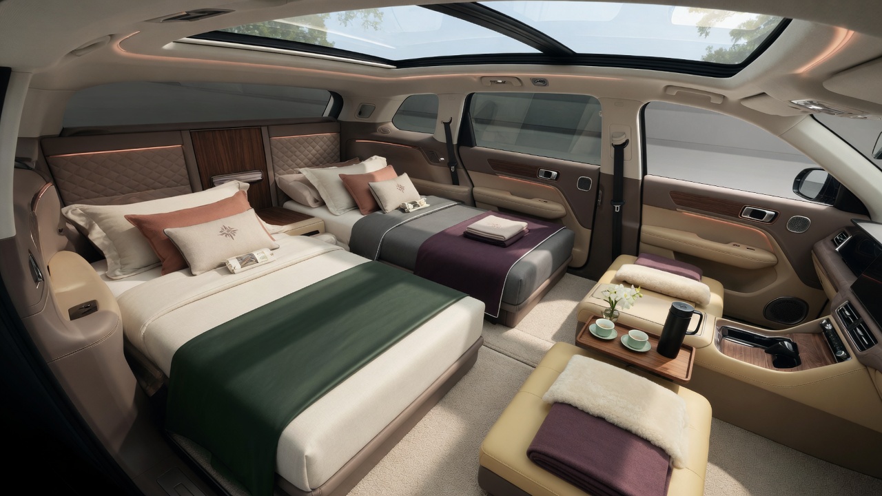 Interior do SUV da Xiaomi mostrando configuração versátil com camas e espaço de estar