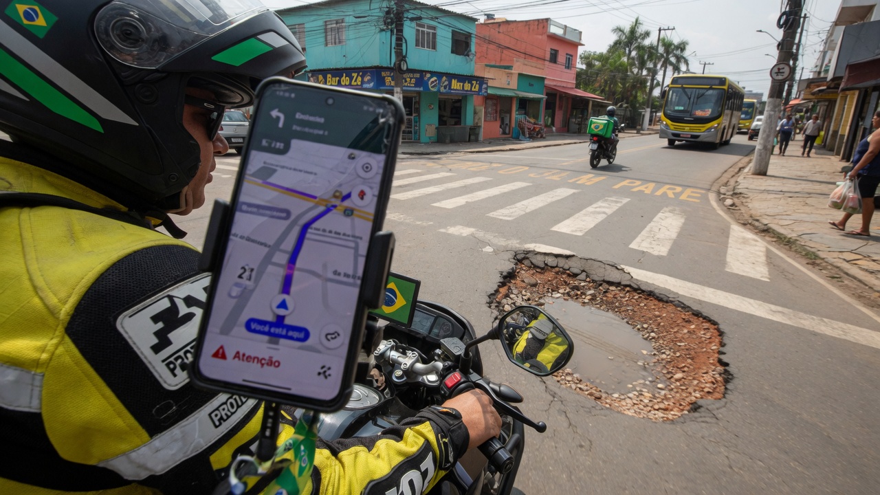 Motociclista utilizando aplicativo de navegação GPS no celular enquanto dirige em rua urbana com buraco visível no asfalto
