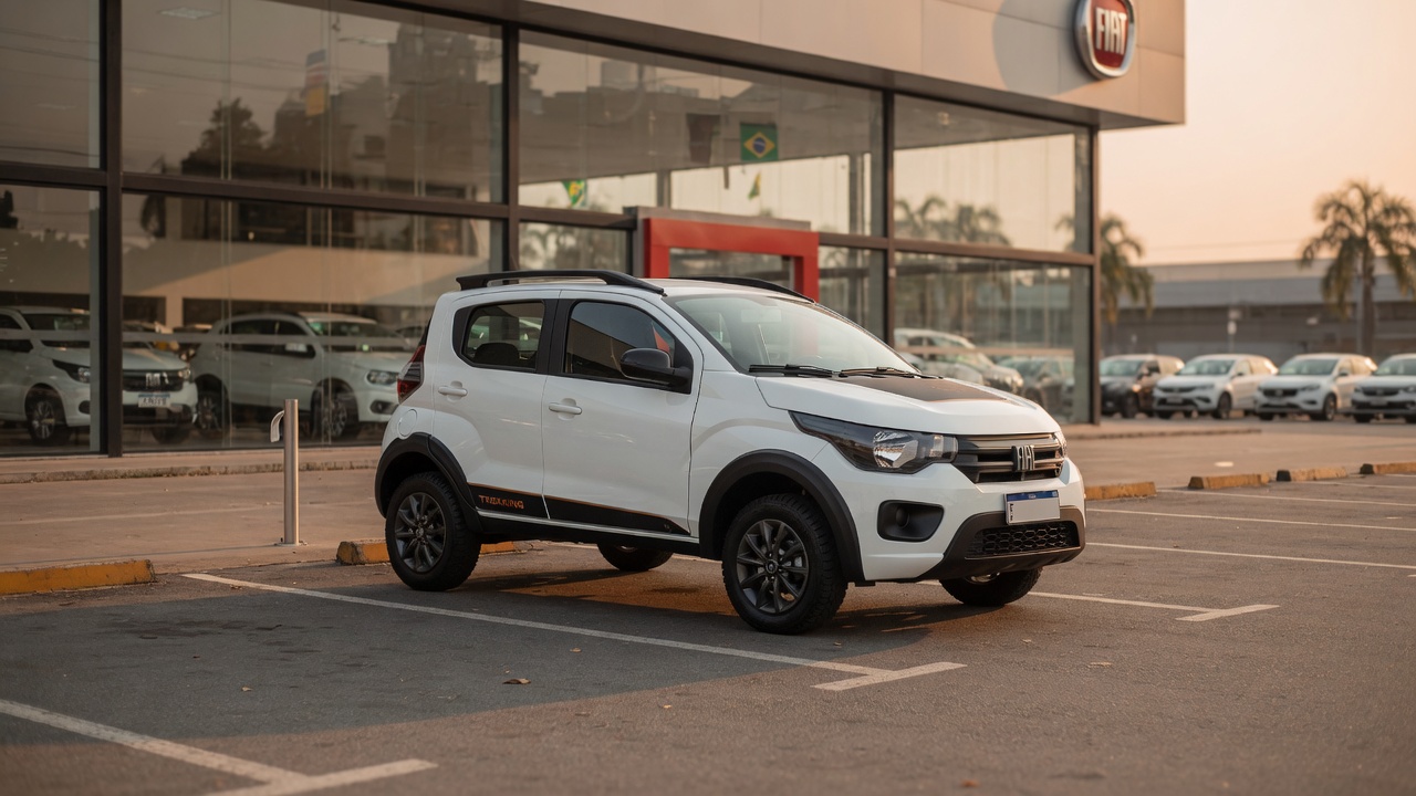 Fiat Mobi Trekking compacto branco estacionado em concessionária vazia, representando o paradoxo de vendas do modelo no mercado brasileiro