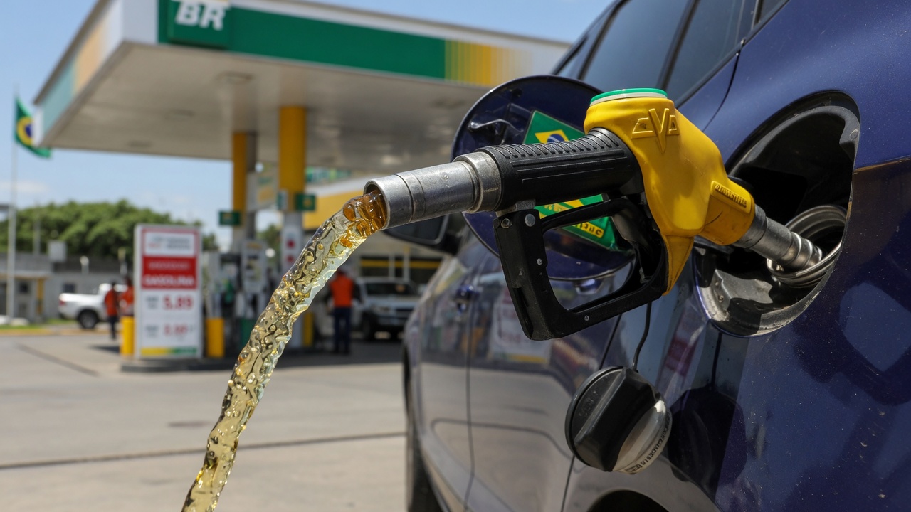 Close-up of gas station fuel pump nozzle filling a car tank at a Brazilian service station