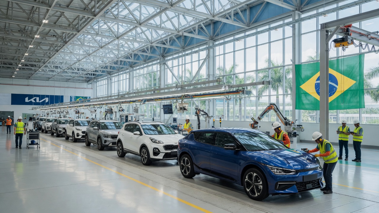 Modern Kia manufacturing plant with assembly line and new vehicles in production facility in Brazil