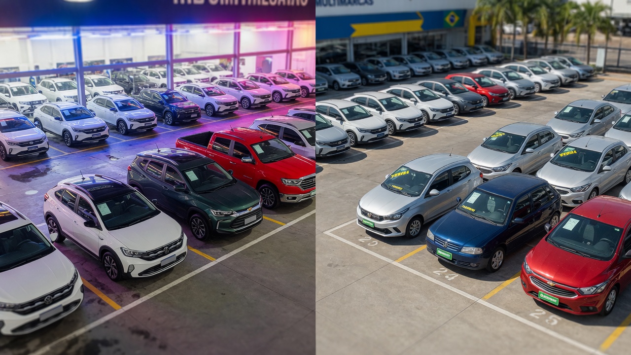Visão comparativa de concessionária brasileira mostrando veículos 0km SUVs e picapes ao lado de hatches seminovos em excelente estado